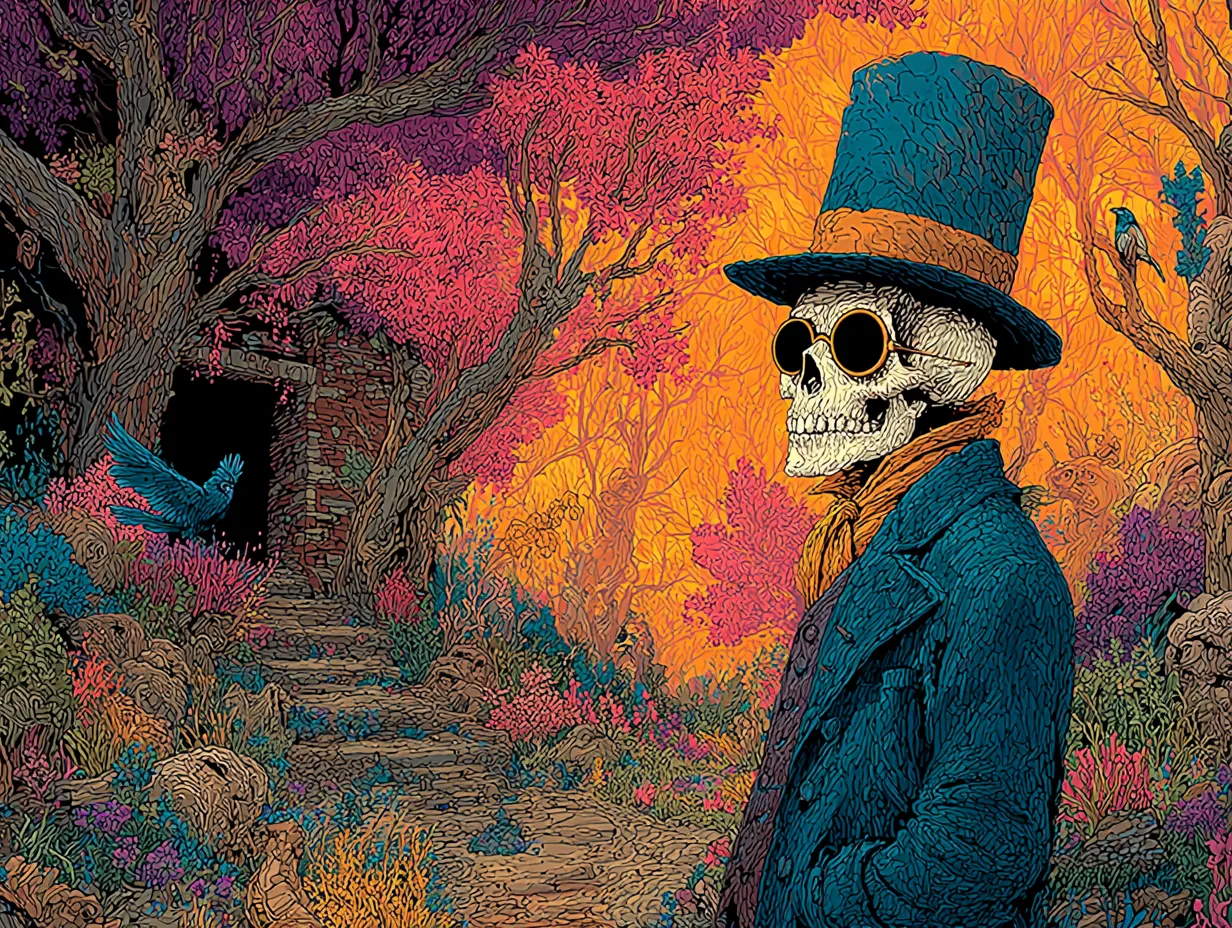 Illustration de Baron Samedi, chef de la famille Gede, avec son chapeau haut-de-forme et ses lunettes de soleil.