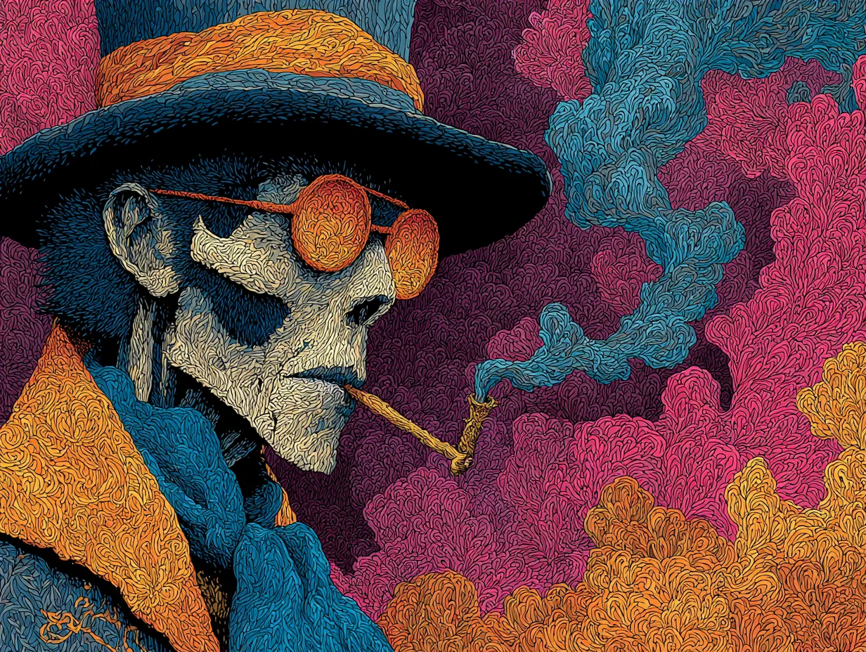 Illustration artistique de Baron Samedi avec son chapeau haut-de-forme et ses lunettes de soleil, maître des cimetières du vaudou haïtien.