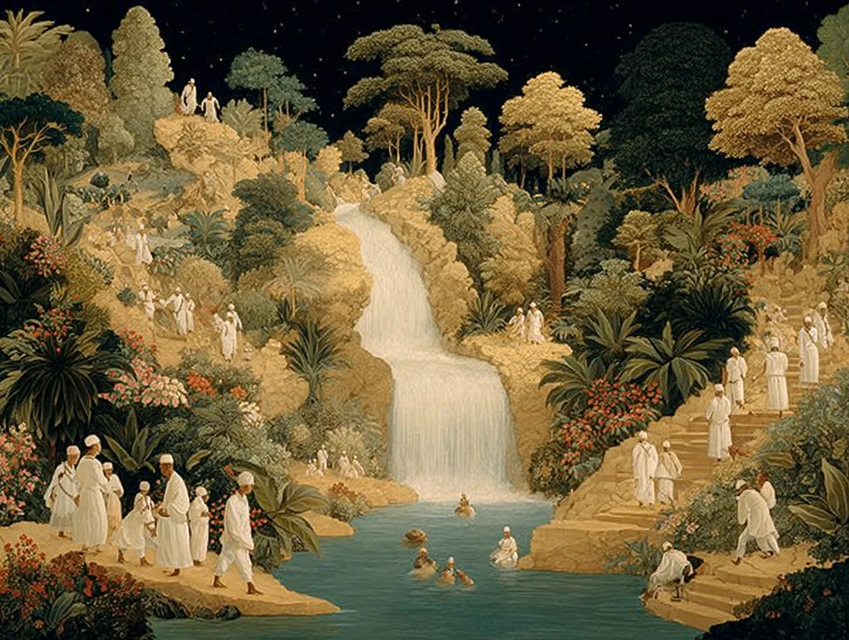 Illustration d'une cascade sacrée en Haïti, lieu de culte privilégié pour Simbi Dlo, esprit des eaux douces.