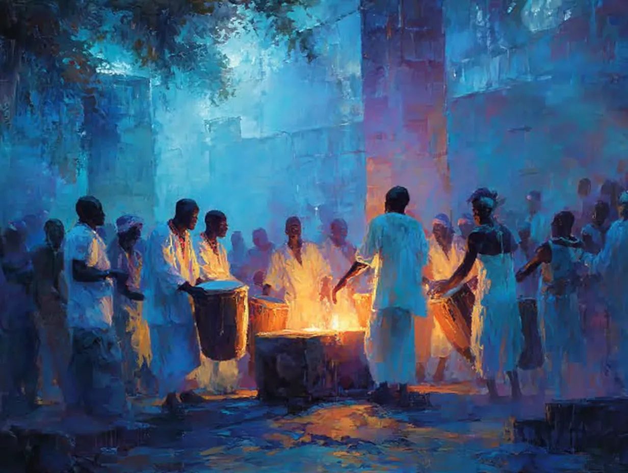 Illustration d'une cérémonie vaudou haïtienne rythmée par les hountogi et leurs tambours sacrés.