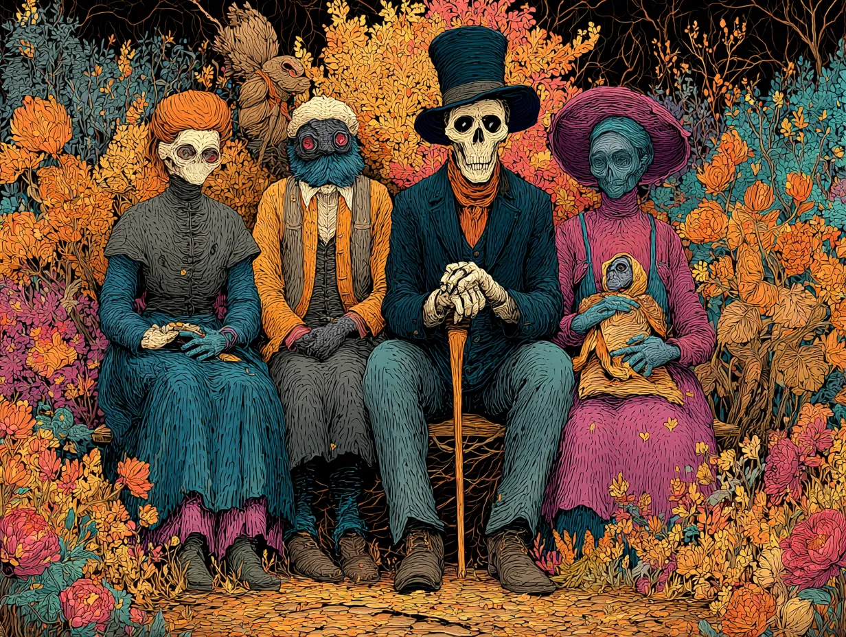 Illustration de la famille Gede, avec Baron Samedi au centre, présidant les rites funéraires vaudou.