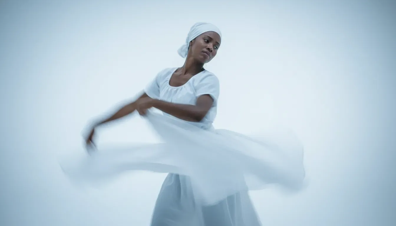 Danseuse hounsi possédée par un lwa pendant une danse rituelle Yanvalou, illustrant la connexion spirituelle.