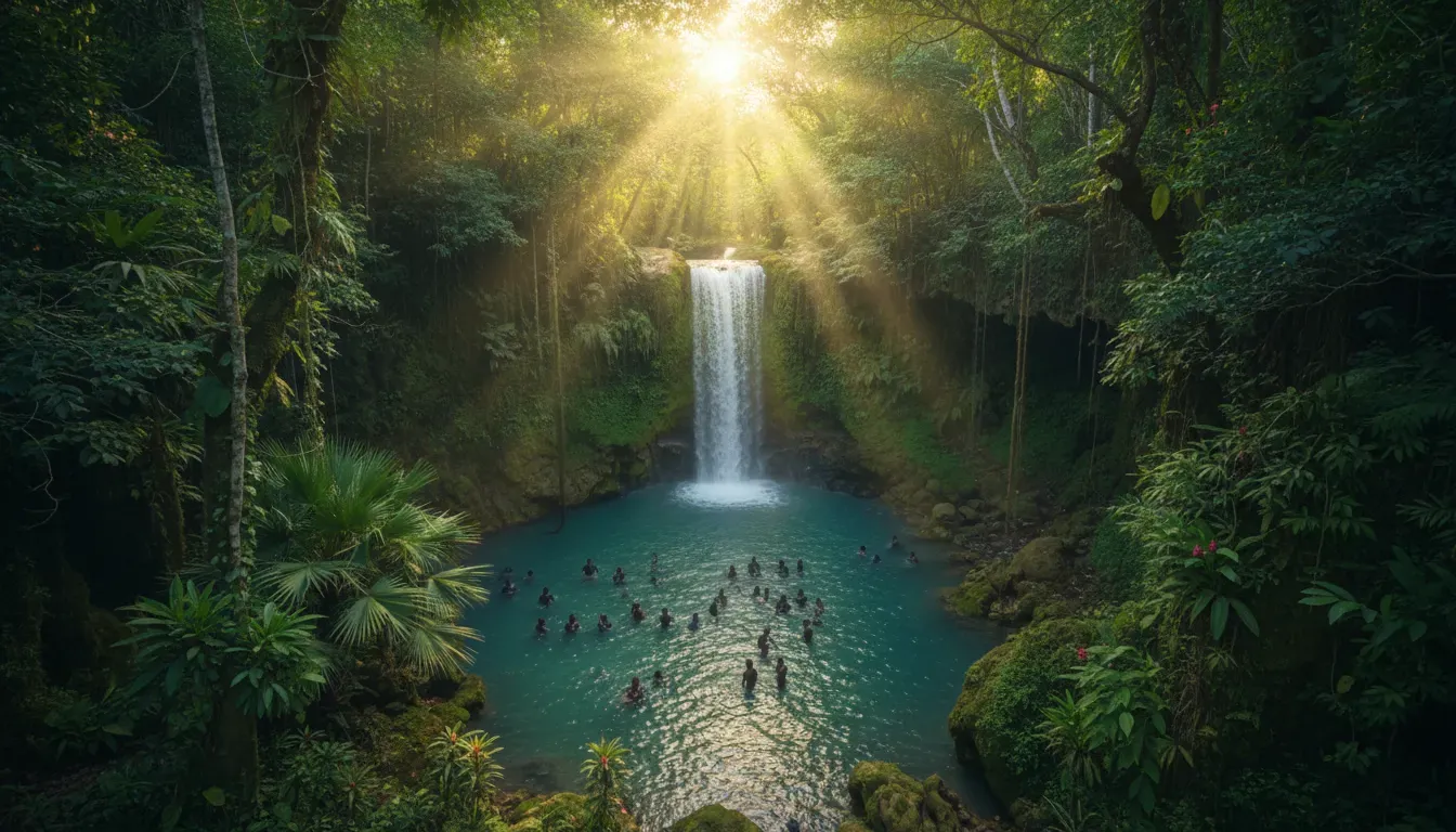 Pèlerins se purifiant dans les eaux claires d'une cascade sacrée en Haïti, symbole du bain rituel.