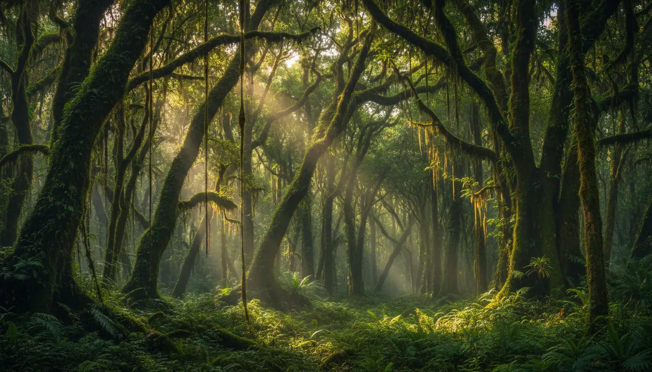Forêt luxuriante et mystérieuse en Haïti, évoquant l'entrée d'une grotte sacrée du vaudou.